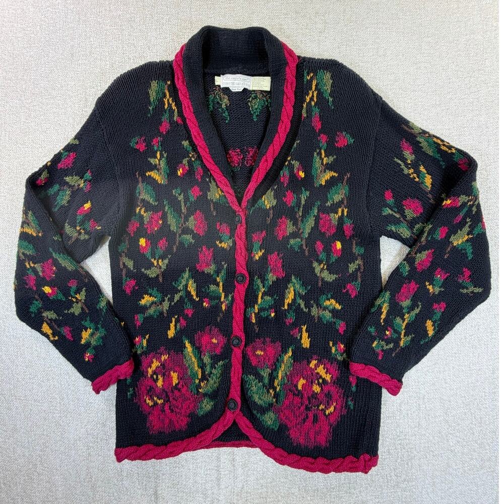 Eagle's Eye Women Large Black Red Vintage 1989 Shawl Collar Cardigan Sweater